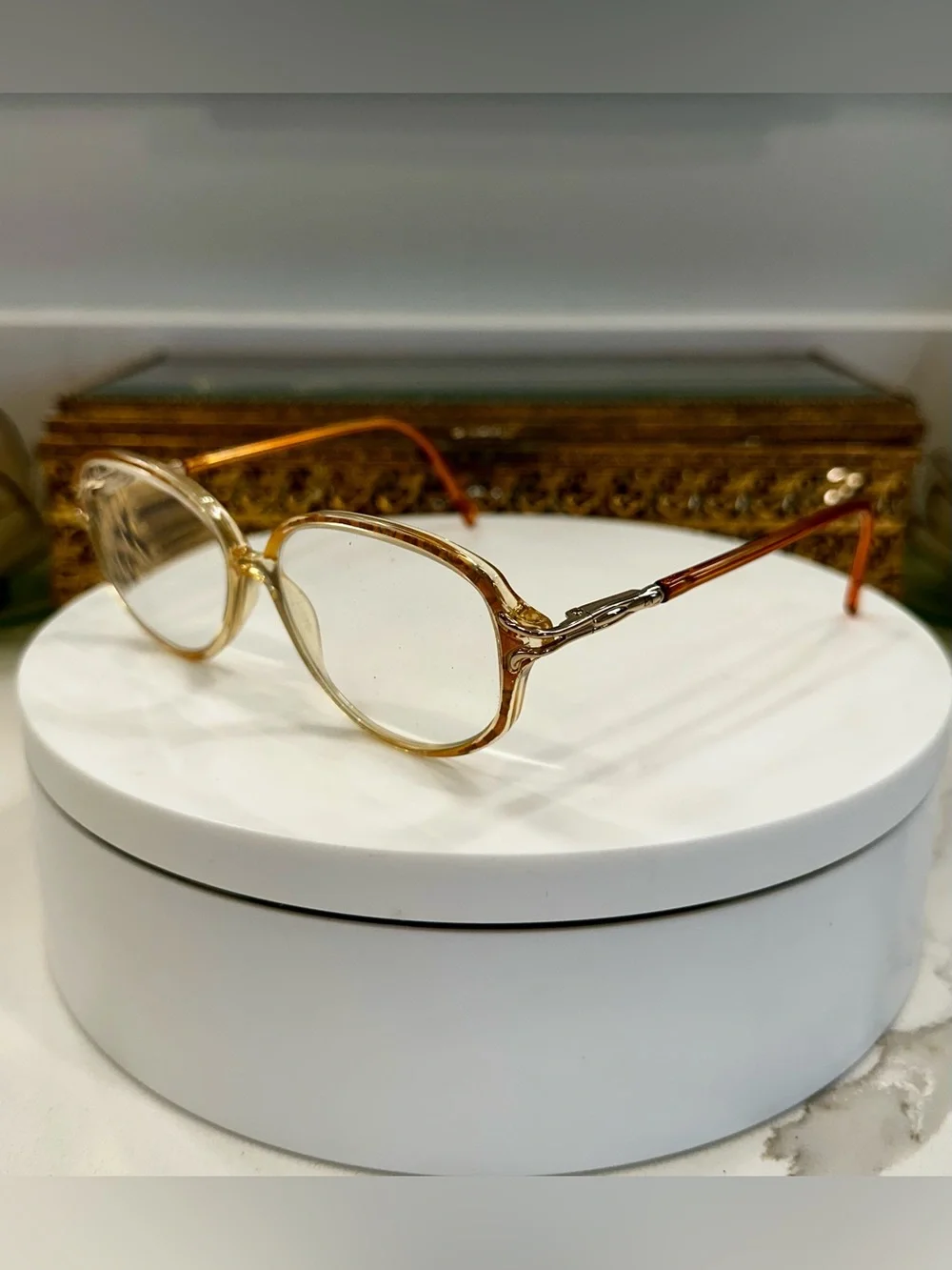 VTG Elizabeth Arden Orange & Gold Rounded Oval Patterned Rx Eyeglass Frames EUC